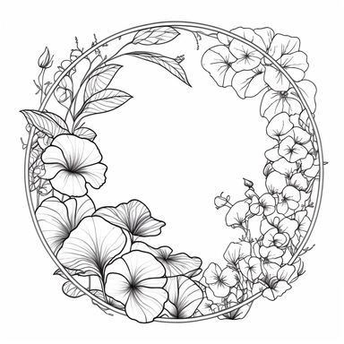 circle Botanical Frame, petunia, clipart, white background, continuous line