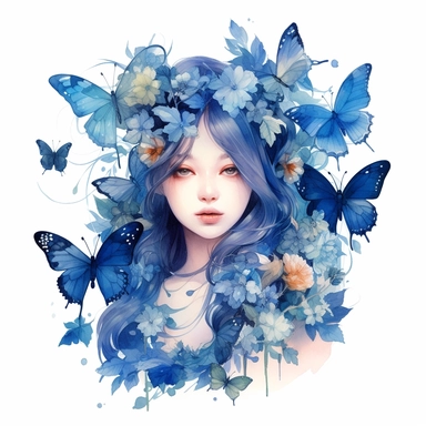 Beautiful clipart of a butterfly girl in flowers, in the style of artgerm, watercolor, animal motifs, Dark blue tones, amedee ozenfant, he jiaying, oshare kei