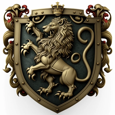 medieval coat of arms, ornate, large, rampant lion, fantasy, clipart style