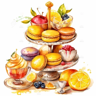 sweet colorful, gold, watercolor, honey Lemons Clipart, Macaroon,cupcake, variety of fruit juice drippin, on luxury stand, luxury Icon Set, detailed, isolated white background, hand painting , single design