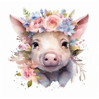 Nursery Print baby head pig flowers drawn in watercolor style, vector design, , Sublimation Clipart ,Cartoon,hyper realistic, intricate detail, illustration style,high solution,on the white background