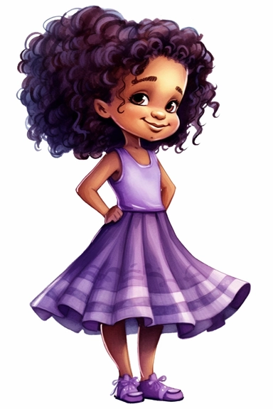 4 year old cartoon Pretty children, cute cartoon black girl with curly hair, wearing purple dress smiling with her arms crossed. Pixar childrens book cartoon style, detailed, modern, urban, watercolor, full color, flat color, white background, children book illustration. Watercolor clipart. Pixar animation