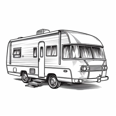 vintage hand drawn camper, retro clip art, bold and crisp lines, black and white, isolated on white,