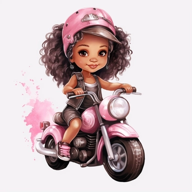 Cute little girl black skin sitting on her motorcycle pink watercolor Clipart
