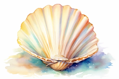 Watercolor, Design an image featuring a white clam shell, highlighting its rounded and pearly appearance, clipart, hd, on a white background, spaced out