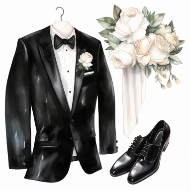 *Hand drawn shiny black tuxedo with a black bow tie on wooden hanger, white rose Boutonnières with leaf, patent leather shoes, glamorous, very detailed and realistic, watercolor, clipart style, white background with margins