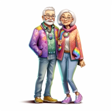 full body clipart of older modern couple wearing rainbow clothes in Jasmine Becket-Griffith style, logo style, soft colors, clean edges, refined edges, stunning, captivating, contour, isolated white background