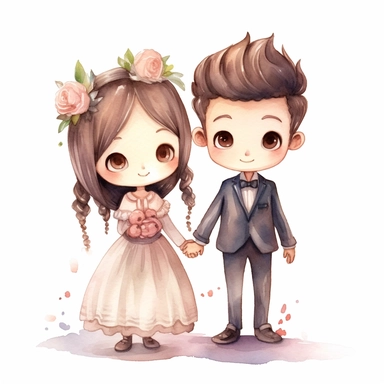 full body Little bride and groom, Watercolor Clipart, strybk, full Illustration, 4k, sharp focus, watercolor, smooth soft skin, symmetrical, soft lighting, detailed face, concept art, muted colors, watercolor style, strybk, children's style fairy tales, chibi kawaii, . Octane rendering, 3d. Perfect face, detailed face, delicate face, perfect sharp lips, detailed eyes. Craig Davison, Aubrey Beardsley, Conrad Roset, Aikut Aidogdu, Agnes Cecil, watercolor style