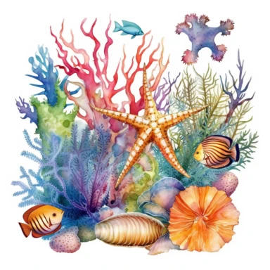 Ocean Life: Detailed watercolor illustrations of sea creatures, such as fish, seashells, starfish, and coral, bringing the underwater world to life. clipart, white background