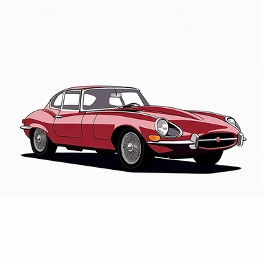 in clipart style, vector image, A meticulously crafted illustration of a 1975 Regency Red Jaguar E-Type Series III , highlighting its iconic design and graceful contours, placed against pure white background (style: evoking the accuracy and refinement of classic automobile blueprints) (lighting: deliberate, directional lighting) (colors: an elegant palette for the car's body set against a pristine, white backdrop) (composition: captured from a side view or three-quarter angle using a 35mm lense 