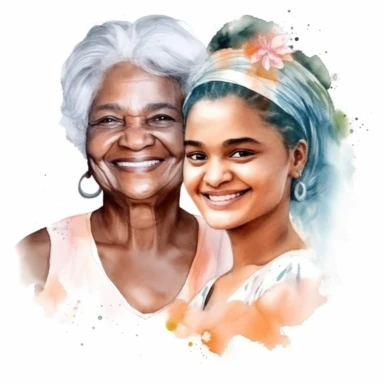 smiling old caribbean mom and adult caribbean daughter with watercolor effect, realistic faces, mothers day, suitable for digital clipart, magic scene, white background