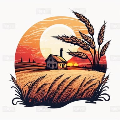 A clipart, A field of wheat crops with a country sunset in the background and a farmhouse, only one clipart, white background, vibrant colors, cartoon,style ghibli, hand drawn, watercolor