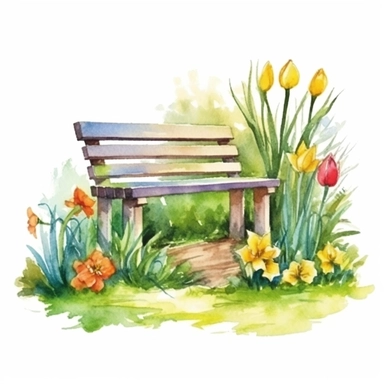clipart, isolated on white background, Watercolor Spring beautiful ornated wooden bench, flowers and grass and plants, ornated, vivid and vibrant and saturated colors