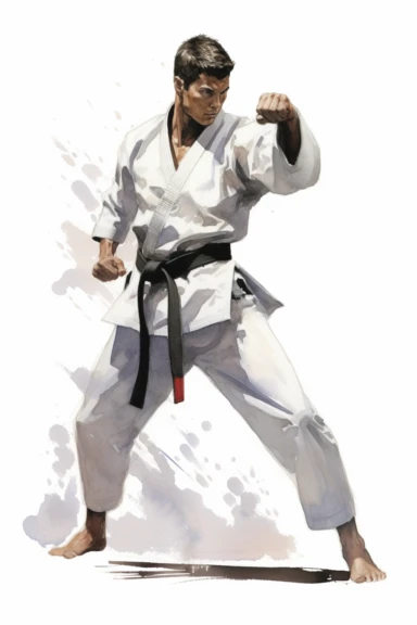 young and stylized white european male , black short hair, kick boxing, highly detailed, watercolor, clipart, illustration, practice on a grass, white kimono, black background, digital painting, paper crafting, no signature, no text, 8k,