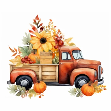 watercolor paste, clipart, cottage style, fall leaf, fall truck, fall pumpkins, fall floral, on white background