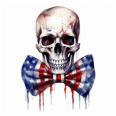 watercolour skull wearing a bow tie painting american flag, in the style of digital mixed media, splatter paintings, full body, tattoo, parodic, sentimental realism, ferrania p30, clipart