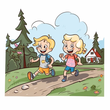Create a vector illustration, Cartoon children's drawing, in a cartoon style for a children's book depicting two blond 4-year-old children, a boy and a girl, children running in the distance, pig, svg, white background, vector, logo, sticker, bright colors, 3 colors, 2D, graphics, procreate, adobe illustrator, photoshop, Watercolor , isolated on a white background, simple, graphics, clipart, procreate, 8k, 3D, realistic flat