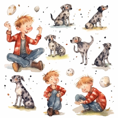 multiple poses characters of little boy playing with black polka dot dog , watercolor in medieval cartoon grunge style clipart on white background