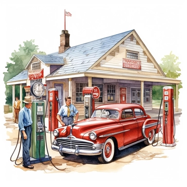 A classic American gas station with vintage pumps, where a friendly attendant in a retro uniform fills up a customer's vintage american car while they browse a display of old road maps and automobile memorabilia, extremely-detailed, high quality, clipart, watercolor, white background