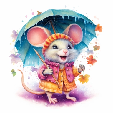 Whimsical Wonderland, clipart, cute mouse character, vibrant colours,Watercolor, Detailed, sweet, majestic, high resolition, isolated on a white background
