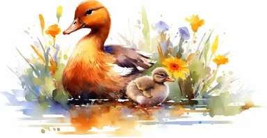 Adorable mother and baby duck, lake, countryside, vivid colours, ornamental watercolor clipart, white background, I can’t believe how beautiful this is