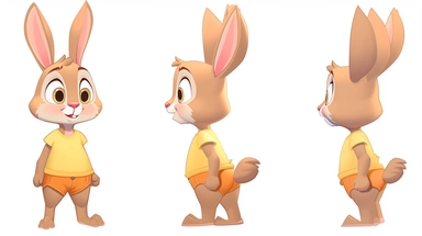 clipart,A cute little rabbit wearing a bright shirt and shorts+three Kans, with three perspectives on the front, side, and back, in different poses. The little rabbit has a small and cute body, with furry white fur and a pair of long ears. Its bright black eyes exude a clever and curious expression. A mischievous expression, he often wears bright shirts and shorts, full of vitality.clipart style, full body with both feet, painting, illustration, style, beautiful cartoon style, three images