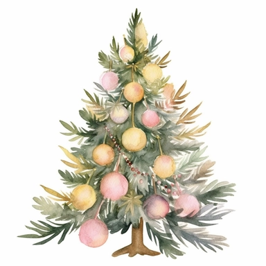 Beautiful watercolor clipart of a Christmas tree, with soft and delicate colors, perfect for a holiday-themed invitation, cute and charming, high-quality artwork, hand-painted with attention to detail, heartwarming and sweet, a beautiful addition to any project.