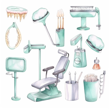 man dentist dental accessories, dentist drills teeth, dental accessories dental chair dental lamp Cute kawaii watercolor white background clipart set single elements with margin
