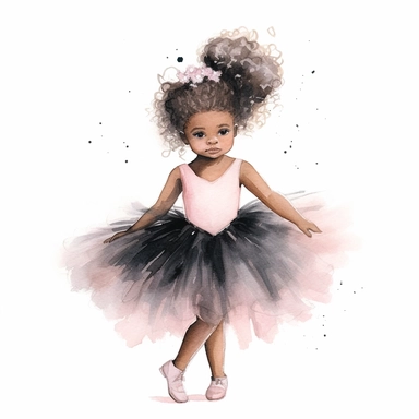 little black girl dancing in tutu, watercolor, pastels, whitebackground, clipart
