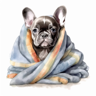 french bulldog puppy wrapped in a blanket, watercolor illustration, clipart, full body, hyper-realistic animal illustration, childlike, free brushwork, white background