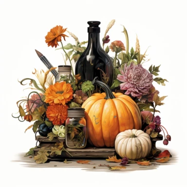 an svg vector clipart image of an oil painted Halloween still life, Thomas Kincade style, inside an organic shape, hyper realistic, vintage, plain white background