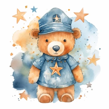 watercolor sailor bear with stars by the free art set of clipart clip art set, in the style of light cyan and dark beige, sabattier filter, multidimensional layers, dark white and light orange, layers of texture, sharp linework, vector, illustration, white background