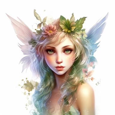 Enigmatic Fairy with an enigmatic aura, highly detailed face, and a mysterious expression, Use dreamlike lighting with soft sunlight falling on the subject’s face and deep colorful hair, to create an ultra-realistic image that captures the subject’s natural beauty and personality, clipart on white background