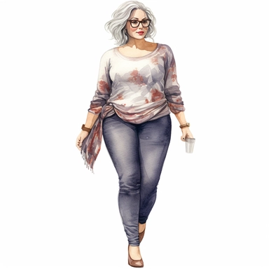 Realistic watercolor full body glamourous fat woman with casual blouse and jeans and heels, beautiful fat woman face with long eyelashes glamourous style, 35 year old lady with grey short hair, clipart, cozy, bright warm colors, 1500x500 pixels,