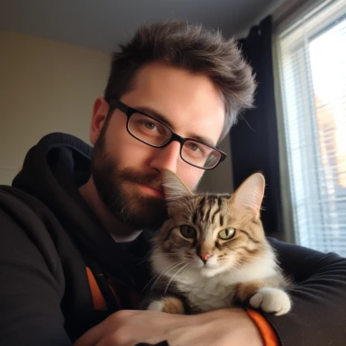 a man with short brown hair smiling, three-day beard, with rectangular, wearing thin black-rimmed glasses and carbon temples, keep the consistency of action, with a gray and white cat, in the style of genderless, mosscore, warmcore, dark navy and amber, grainy, webcam photography, emotive body language, monster high characters doll style, paint art style, clipart, white background, superrealistic