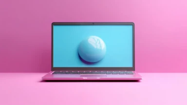 Pink laptop on blue background. Two clipping paths included