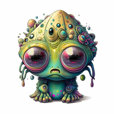 Illustration in boho style, clipart, sublimation drawing An alien with huge eyes is crying bitterly. Bright colorful colors on a white empty background, high quality 8k, high quality detail