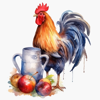 a watercolor rooster drinking from a cider jug, clipart