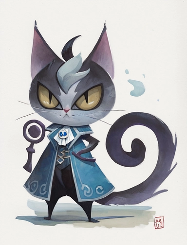 beautifully colored, beautifully illustrated anthropomorphic self defense cat , with a cast shadow , beautiful gouache painting, chibi clipart with a cast shadow on white background, beautiful gouache painting, , watercolor art by concept art by Ken Sugimori art by cory loftis art by cory loftis