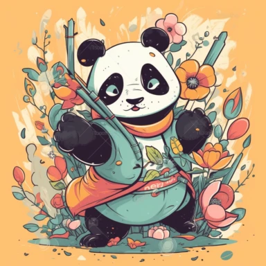 a happy panda with a bamboo shoot and a martial arts belt, depicted in a whimsical, cartoon style, surrounded by colorful flowers and butterflies. The mood of the artwork is cheerful and playful, with a soft pastel color palette. The lighting style is bright and sunny, evoking a warm and inviting feeling. clipart design graphic, vector, contour, super cute, isolated white background, high quality, 2d, flat