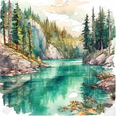 clipart of Grassi Lake Scene Canada, romantic atmosphere, white background, watercolour illustration style, dreamy, 8k, intricate, detailed, 8k no watermark