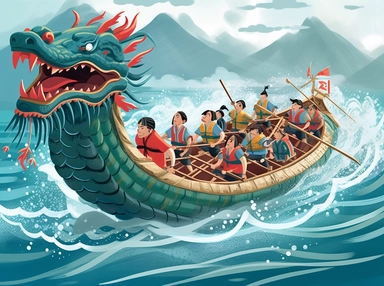 new year dragon boat traditional clip art, in the style of narrative-driven visual storytelling, quito school, illustrated advertisements, creative commons attribution, digitally enhanced, storybook illustration, 2d game art