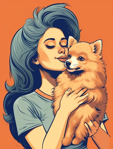 front view, centered view, illustration of a girl kissing a pomeranian dog, in the style of Daniel Clowes, clipart, vector drawing, 16k,