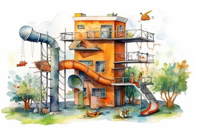urban scenery, concrete school playground. Pixar childrens book cartoon style, detailed, modern, urban, watercolor, full color, flat color, white background. children book illustration. Watercolor clipart. Pixar animation