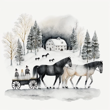 dark academia, horses, snow, fairytale, Christmas, swedish folk art, watercolor, white background, clipart
