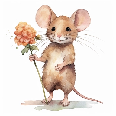 Mouse holding Flower Clipart, watercolor, realistic, standing between grass, white background