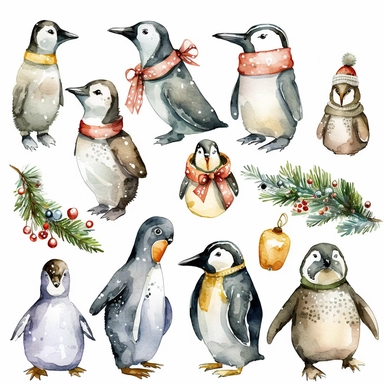 Christmas Penguins, watercolor clipart, isolated white background