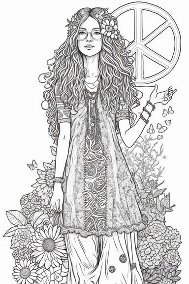 Hippie Girl Full body Clipart Flower Power, vector, illustration, cartoon, marvelous, black and white line art adult coloring page, highly detailed, white background