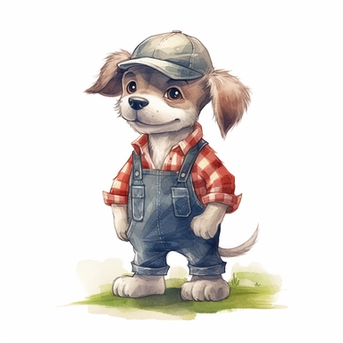 Cute anthropomorphic puppy wearing a red plaid vest and a gray cap, paired with blue denim overalls and brown boots clipart,hand hold gardening gloves,smile expression,standing pose dynamically, front side view, in the style of watercolor cartoon clipart, beatrix potter style,pixar style, high resolution, composition free space, pastel color scheme, soft and tender, watercolour clipart, watercolor illlustration for kids and children,isolated white background, clipart most popular on etsy, book i