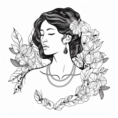 buste aphrodite, branche, flower, necklace, jewerly logo brand, simple line art, bold black line, black and white, clipart